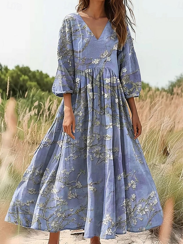 Women's Cotton Linen  Maxi Dress Sundress Pleated Dress