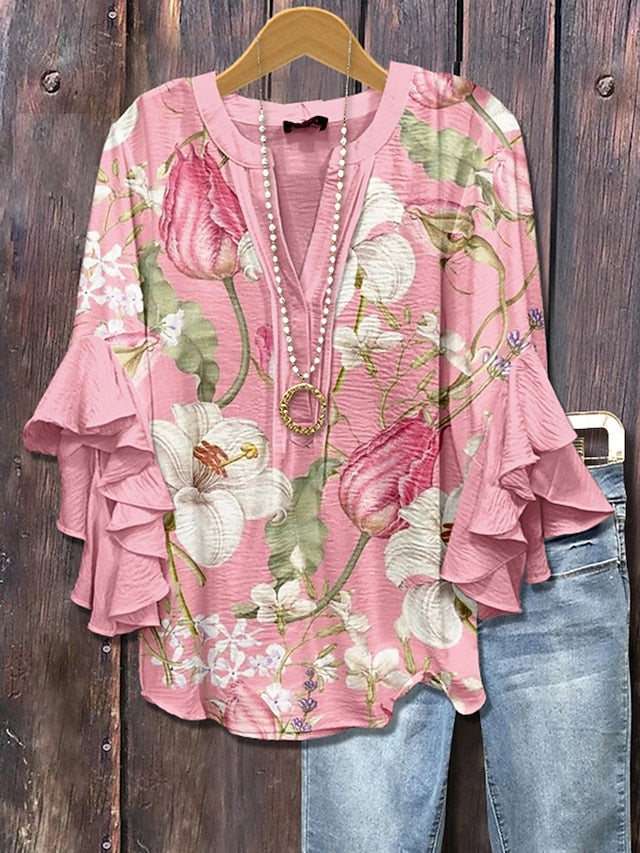 Women's Blouse V Neck Layered Ruffle Sleeve Tops Floral