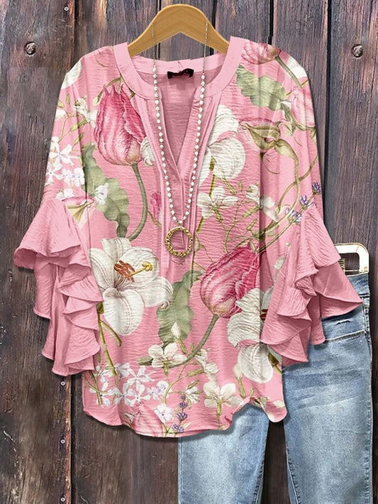 Women's Blouse V Neck Layered Ruffle Sleeve Tops Floral