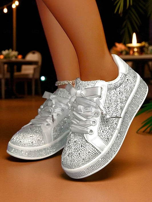Rhinestone Lace-Up Glamorous Women's Sparkly Sneakers -