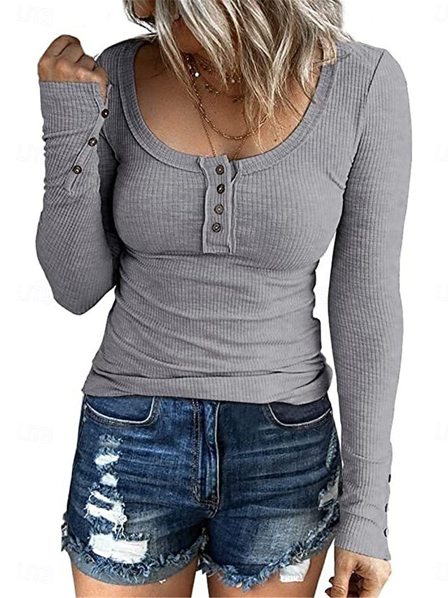 Women's T Shirt Buttons Plain Fashion Modern Casual Long
