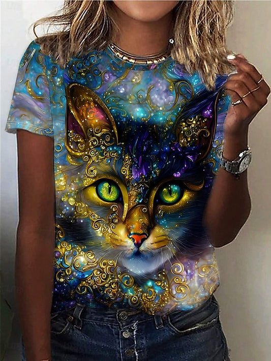 Women's T Shirt Print Cat Casual Short Sleeve Round Neck