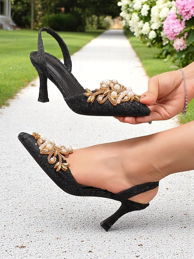 Heels Satin Slingback Detailing Women's Pearl with - Black