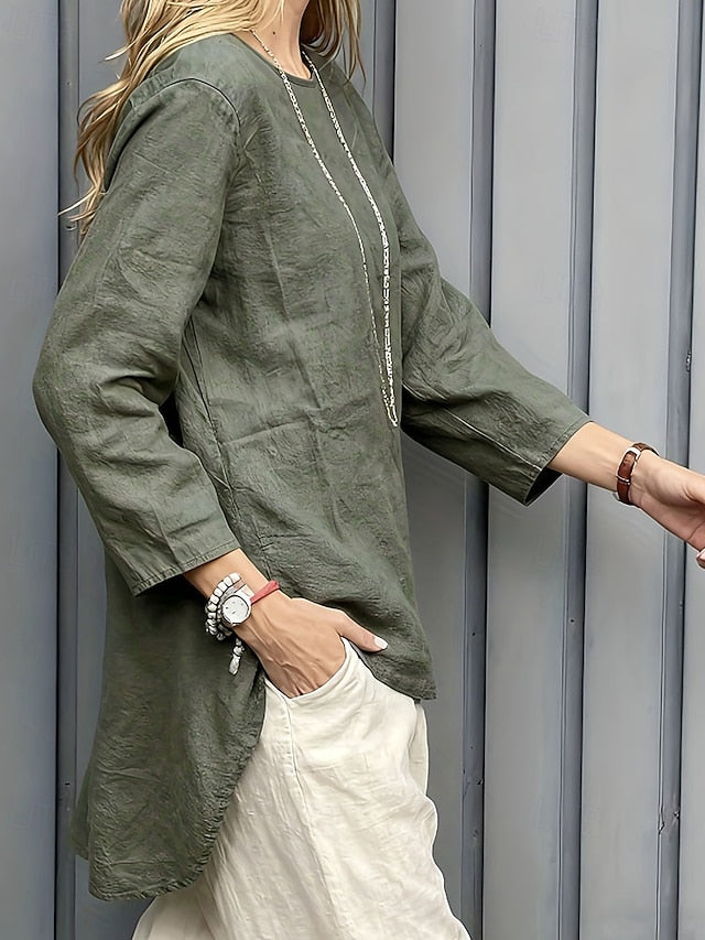 Women's Cotton Linen Shirts Blouse Patchwork Plain Elegant