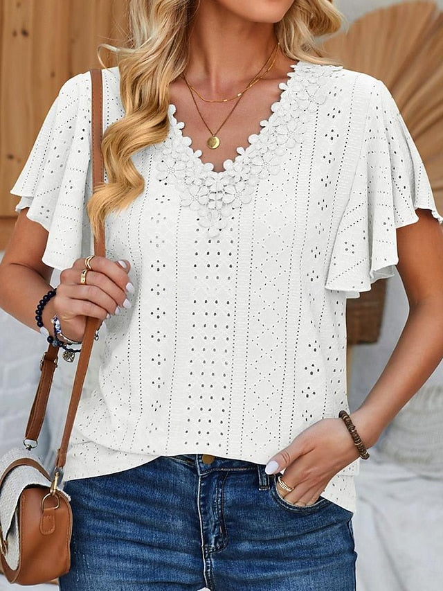 Women's Pointelle Shirt Eyelet Top Lace Shirt Lace Short