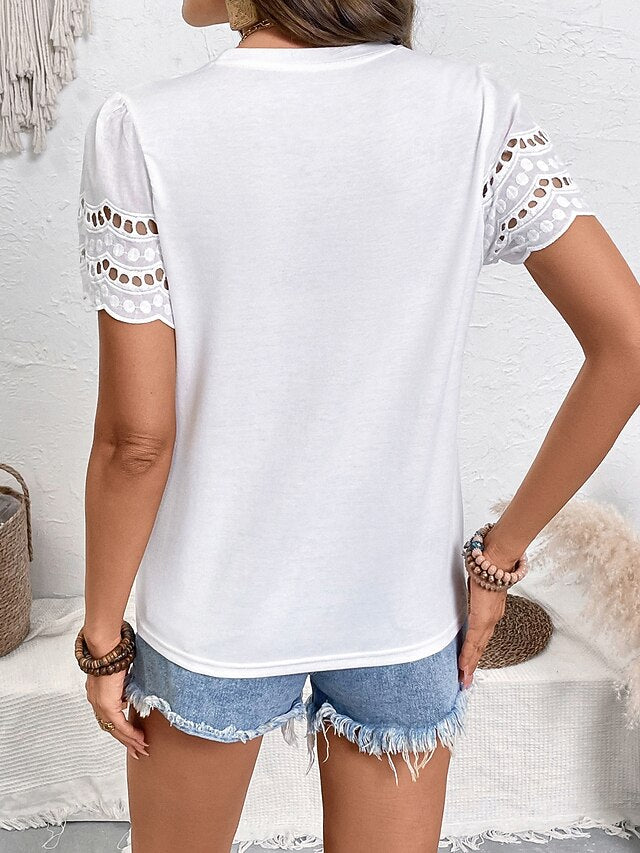 Women's T Shirt Ruffle Patchwork Cut Out Graphic Plain