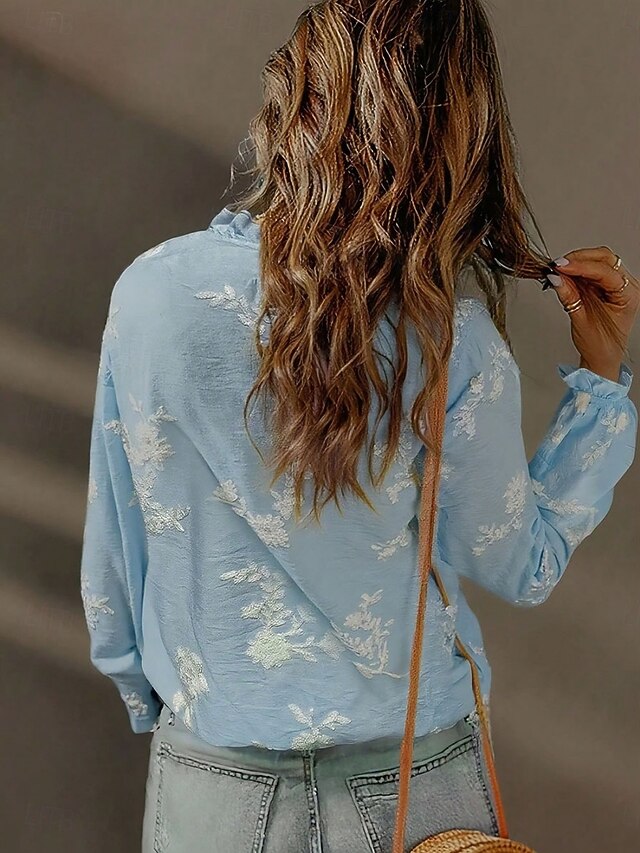 Women's Blouse Embroidered Buttons Floral Stylish Casual
