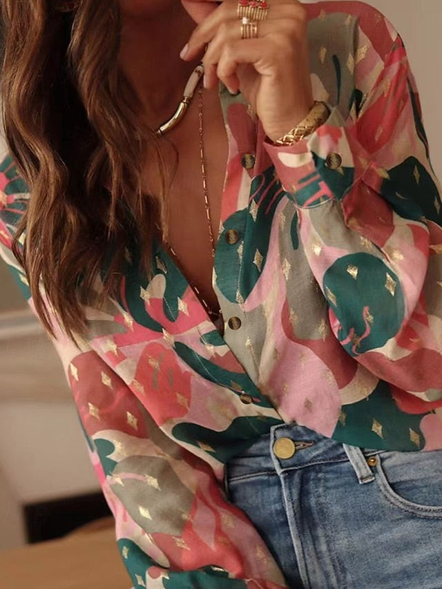 Women's Shirt Pocket Buttons Print Floral Bohemia Stylish