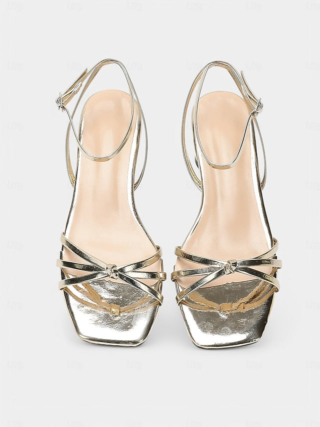 Ankle Gold Strap – Heels Metallic Shiny Block Women's