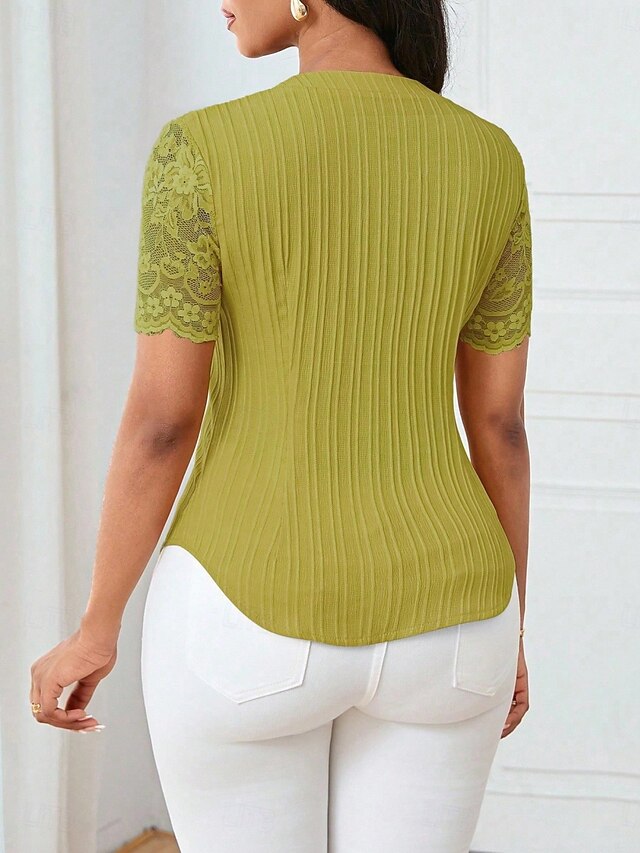 Women's T Shirt Tee Top Lace Patchwork Plain Elegant