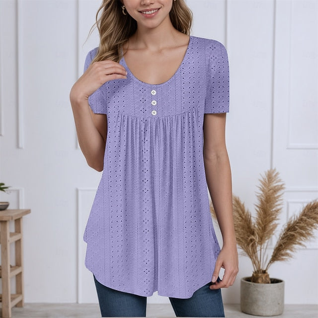 Women's Texture Blouse Eyelet Top Pointelle Tee Tunic