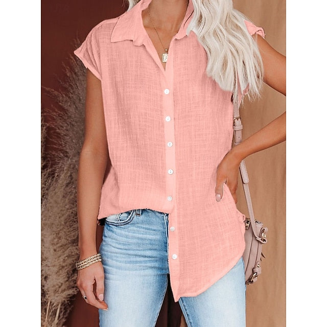 Women's Shirt Button Down Blouse Solid Color Plain Basic
