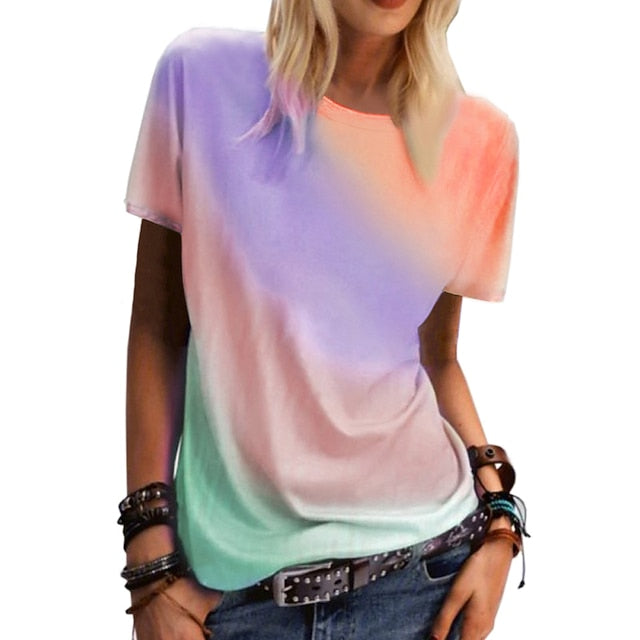 Women's clothing rainbow gradient printing casual top round