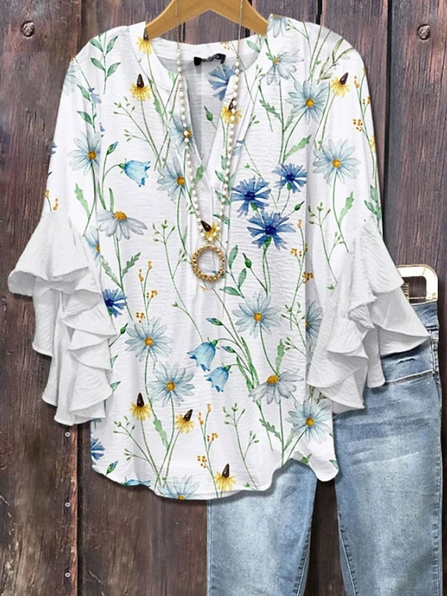 Women's Blouse V Neck Layered Ruffle Sleeve Tops Floral