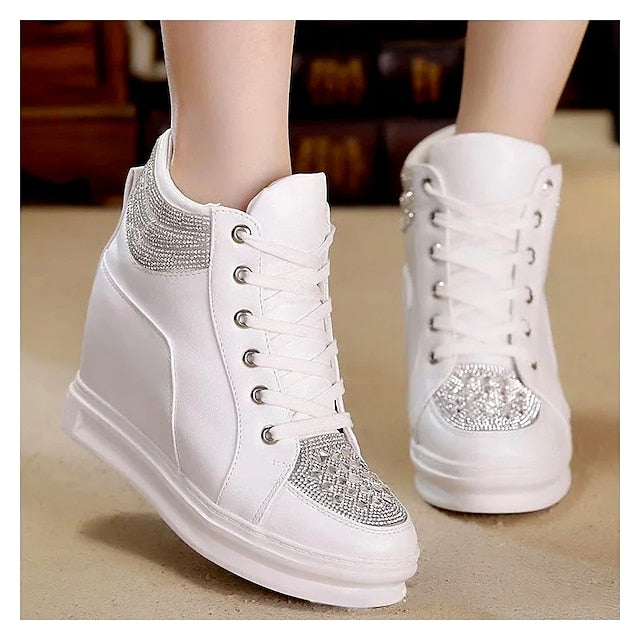 Women's White Rhinestone Wedge Sneakers – Faux Leather