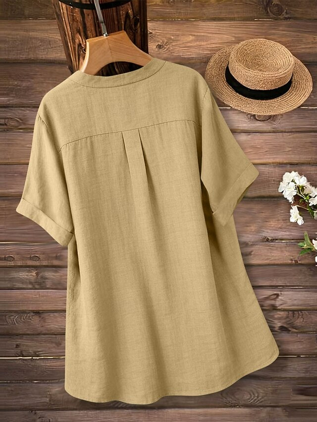 Women's Blouse Faux Linen Shirt Buttons Solid Color Daily
