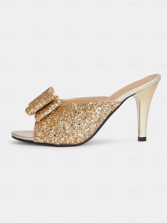 Glitter – Party Gold Women's Glamorous Bow Mules Stiletto