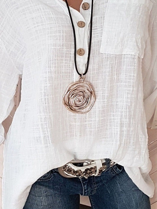 Women's Shirt Cotton Linen Shirts Blouse Buttons Solid