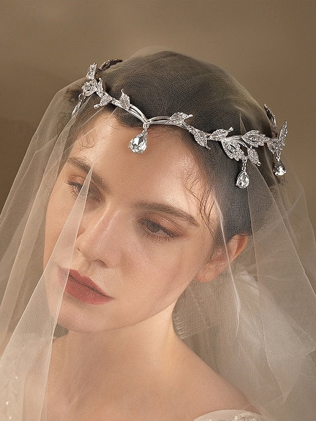 Headpiece – Blue Gemstone with Leaf Drops Vintage Gold