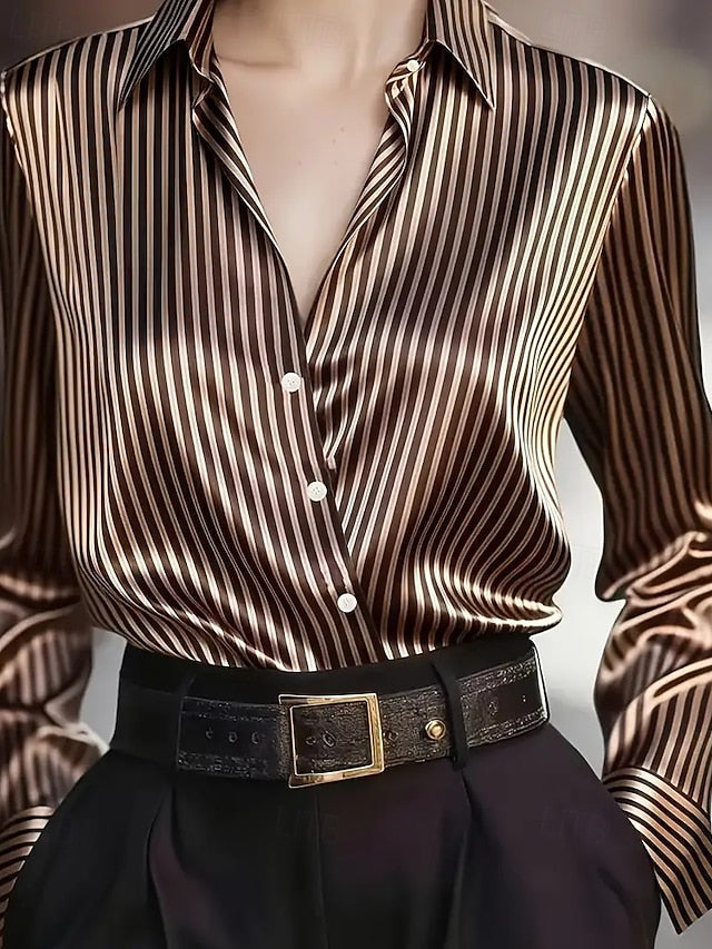 Women's Shirt Elegant Dressy Satin Top Buttons Striped