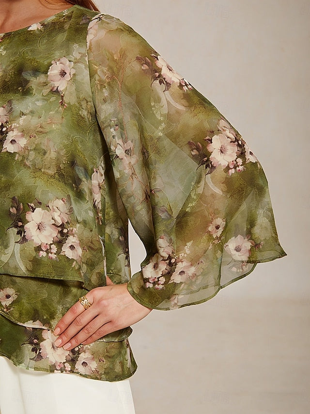 Women's Blouse Chiffon Tops Lace up Floral Elegant 3/4