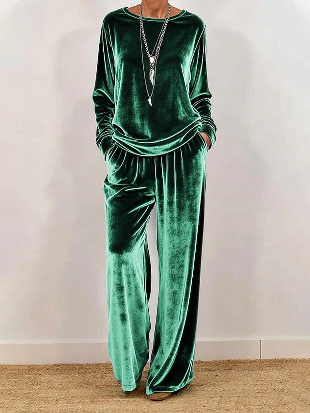 Women's Pants Sets Long Sleeve Round Neck Solid Color