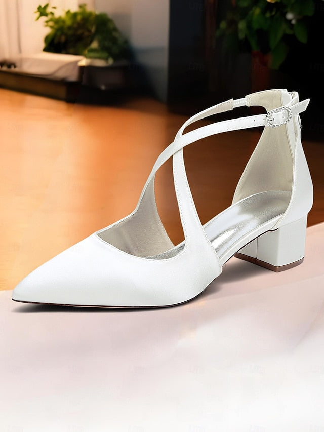 Block Heels Women's Satin Ivory - Toe Pointed Elegant