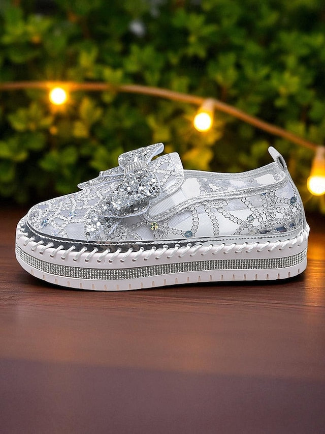 Black Shoes Rhinestone Slip-On Lace Bow with Women's