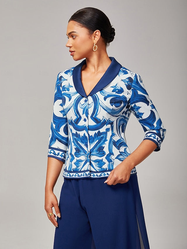 Women's Blue and White Porcelain Print Blazer Notched Lapel