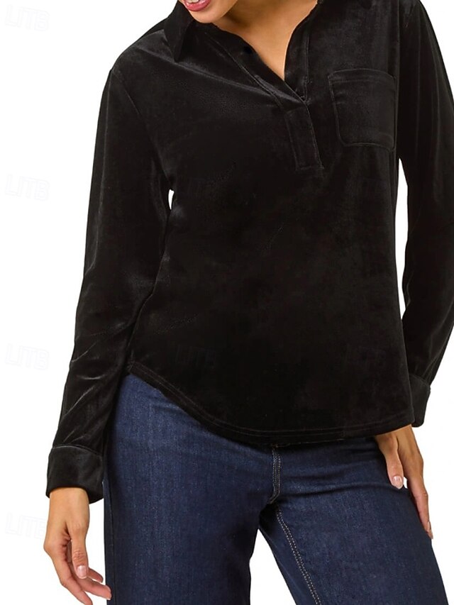 Women's Velvet Blouse Buttons Plain Vintage Stylish Long