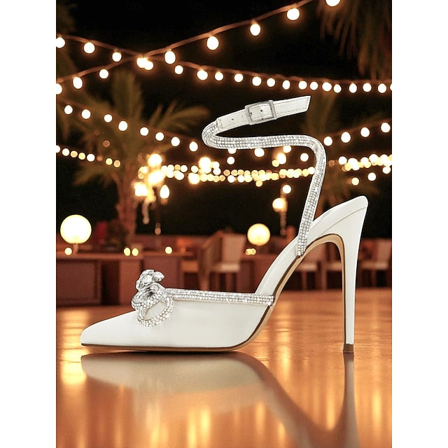 Satin Black Women's Stiletto with Heels Rhinestone Bow and