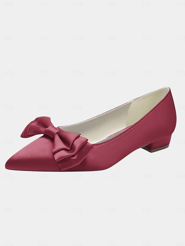 Women's Pointed Satin Bow Green - Flats Toe Elegant