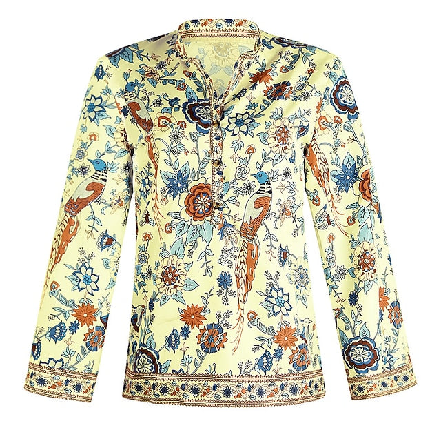 Women's Shirt Blouse Yellow Pink Dusty Rose Graphic Floral