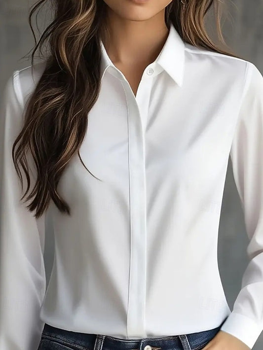 Women's Shirt Elegant Dressy Satin Top Buttons Plain