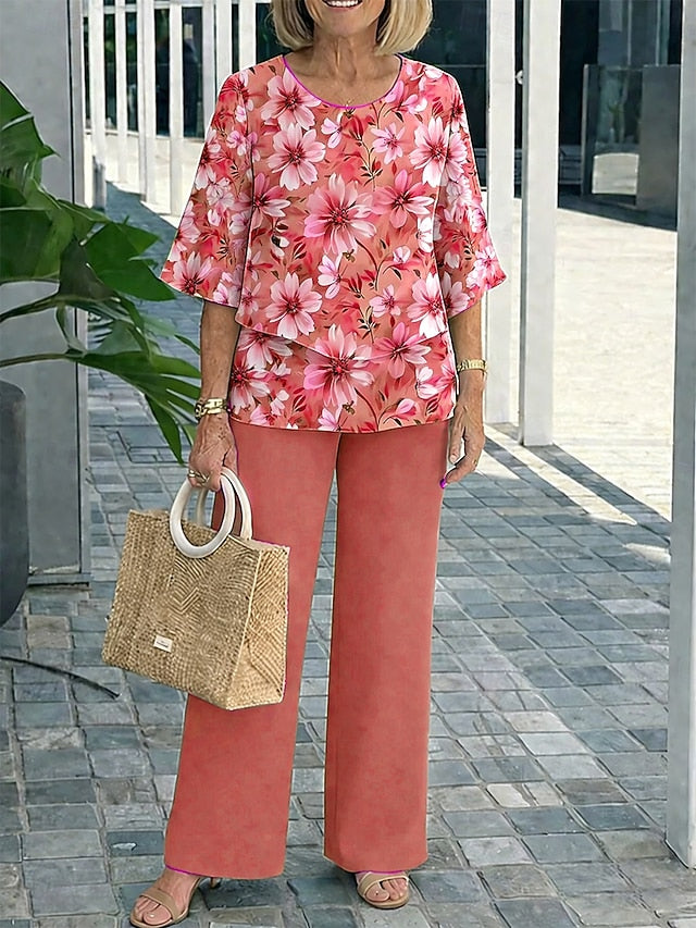 Women's Pants Sets 3/4 Length Sleeve Round Neck Floral