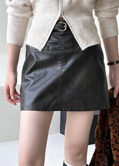 Black Solid Zippered Faux Leather Skirt High Waist AF1037