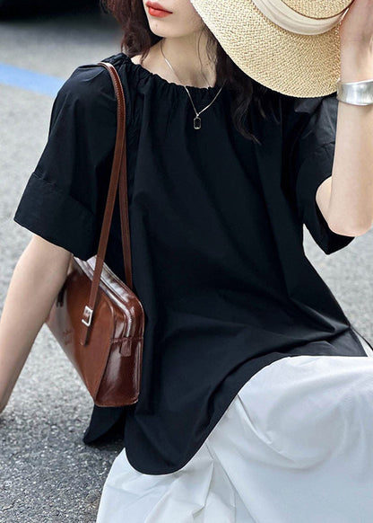 Black Side Open Solid Cotton Tops O Neck Short Sleeve AF1085