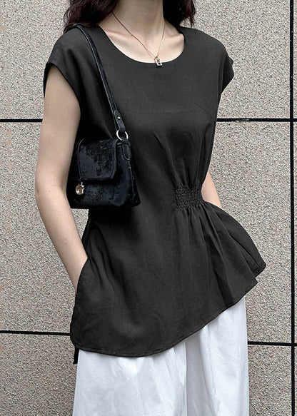 Dark Gray Side Open Cotton Top O Neck Sleeveless AF1026