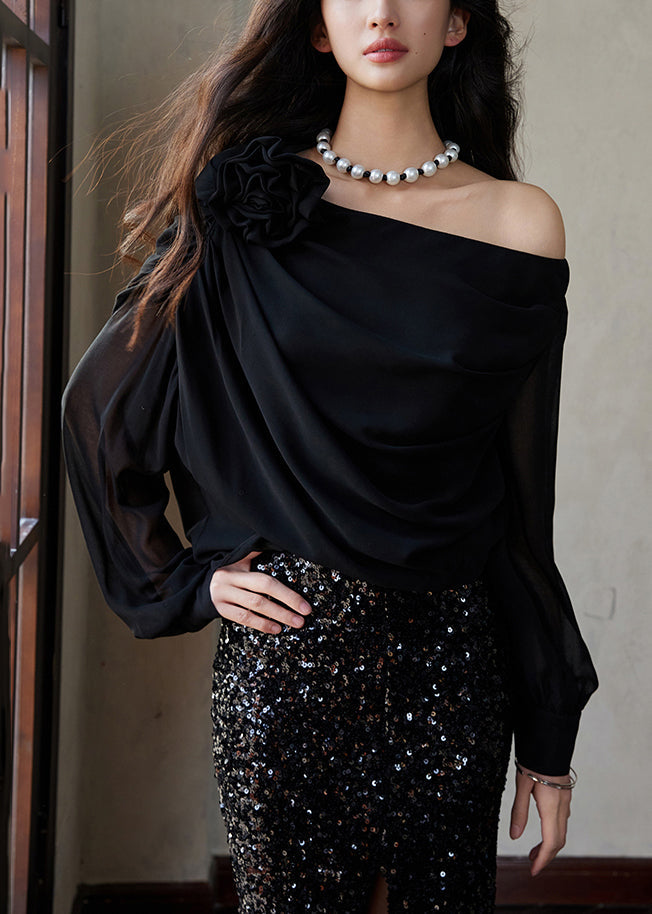 Chemise longue grise unie à manches asymétriques en mousseline de soie