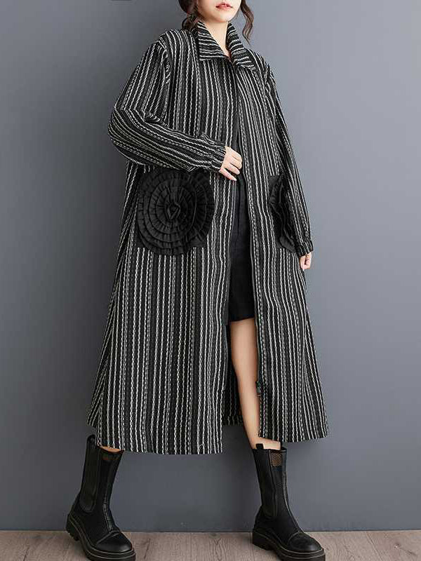 Design Black Lapel Flower Pockets Striped Long Sleeves Zip-up Dress WS010