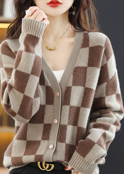 Stylish Coffee V Neck Plaid Woolen Loose Coat Fall QC047