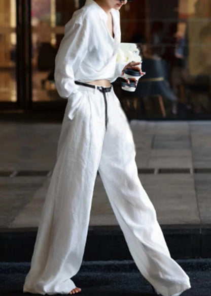 Natural White Peter Pan Collar High Waist Linen Shirts And Pants Two Pieces Set Long Sleeve AN1032