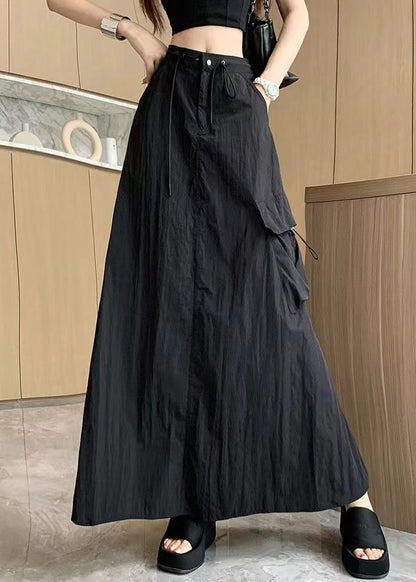 Women Black Pockets Drawstring High Waist Cotton Skirts Summer NN002