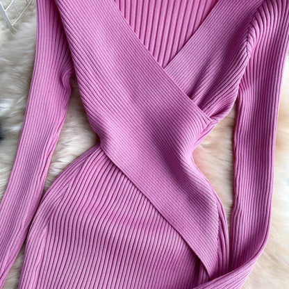 Sexy Pink V-neck Cross Slim Waist Long Sleeve Knit Sweater Dress AR1018