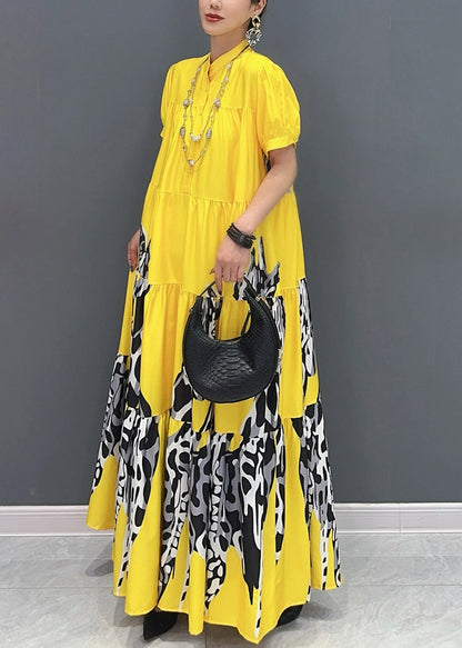 Modern Yellow Print Patchwork Long Dresses Summer AO1051