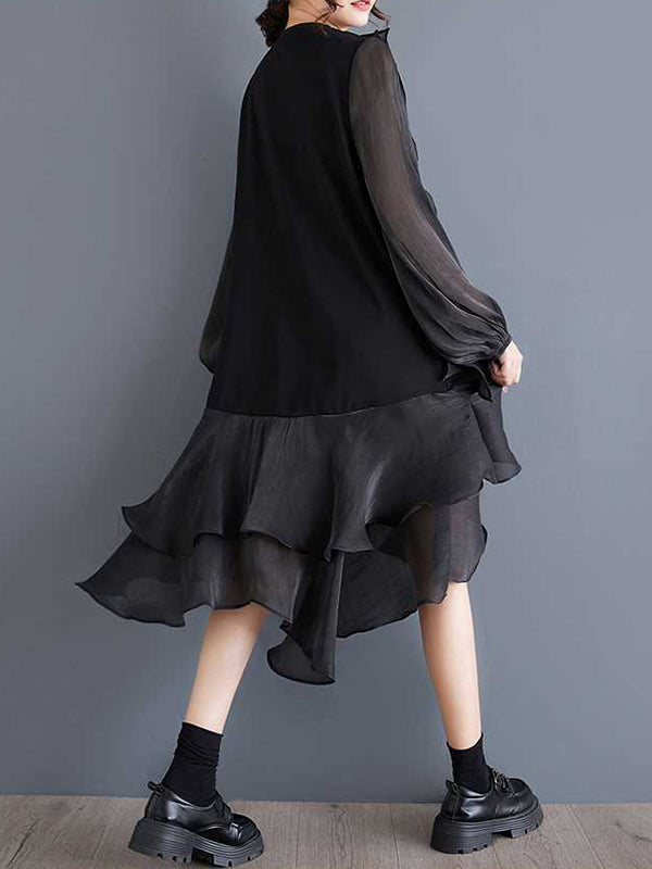 Schickes schwarzes Patchwork-Kleid mit Rundhalsausschnitt, kontrastfarbenem Rüschenbesatz und High-Low-Langarm TW019 