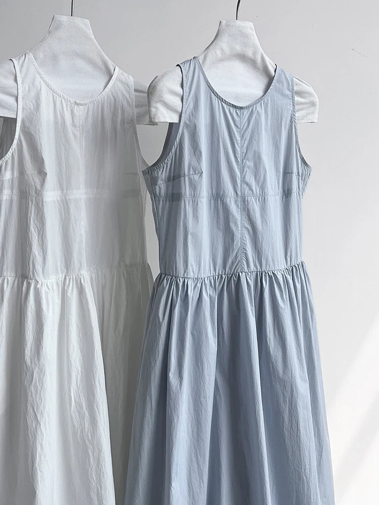 Patchwork O-neck Dress Simple Sleeveless Blue Puff Hem
