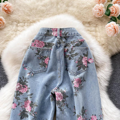 Women Blue Rose Print Wide Leg Denim Pants AR1016