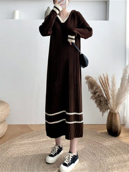 Urban Coffee Hooded V-Neck Long Sleeve Striped Knit Dress AN1051