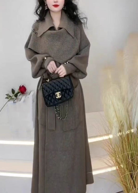 Fashion Grey Peter Pan Collar Pockets Tie Waist Knit Long Coats Winter WD039